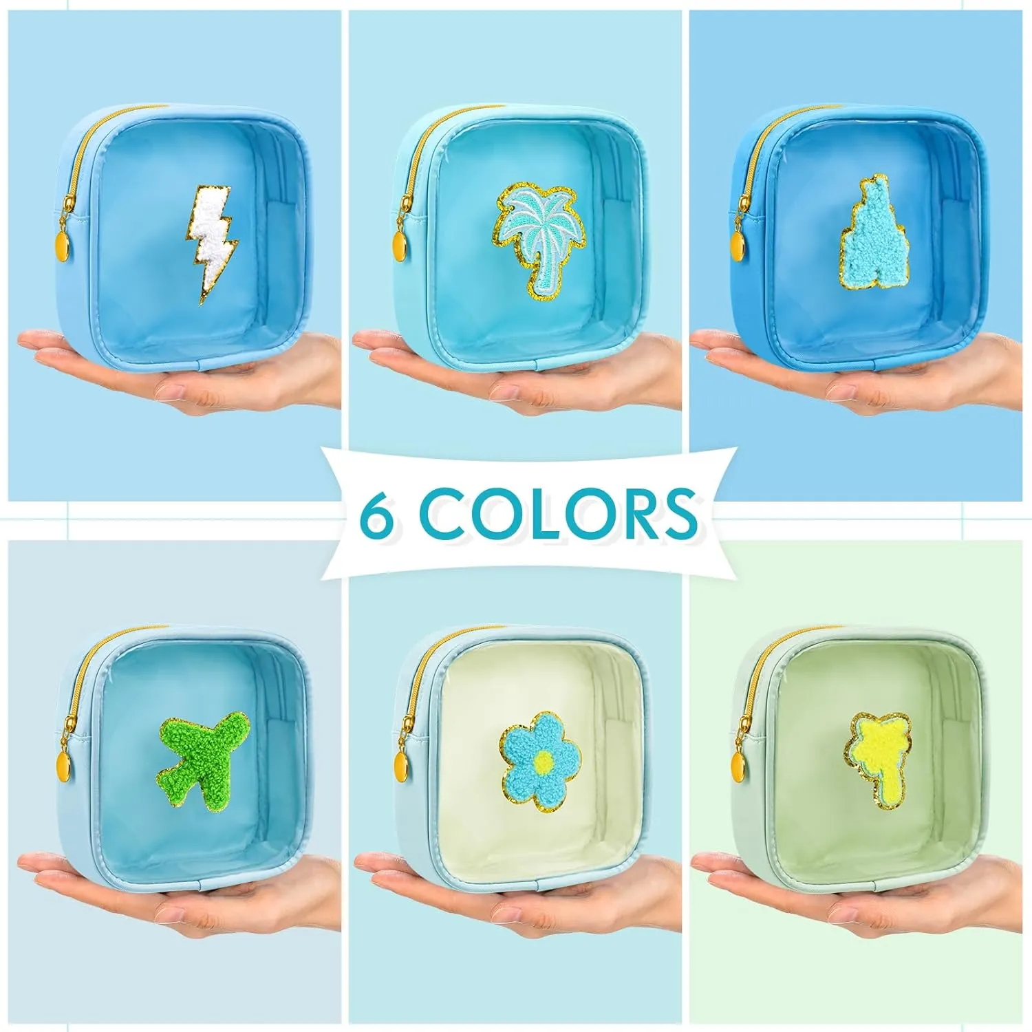 Silkfly 6 Pcs Preppy Patch Makeup Bag Mini Clear Chenille Letter Pouch Cute Cosmetic Bag with Zipper Small Transparent Toiletry Bags for Travel Women, 4.7 x 5.12 Inches(Fresh Colors,Style 3)