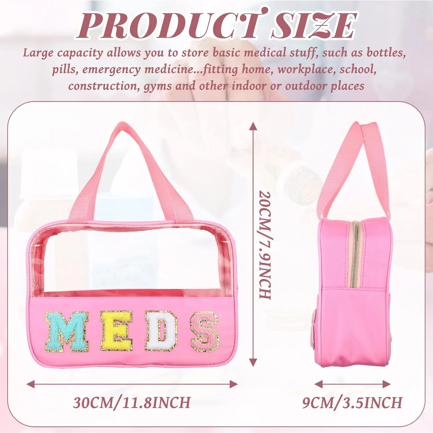 Silkfly Chenille Letter Clear Medicine Bags Makeup Meds Bag Travel First Aid Bag Nylon PVC Waterproof Zipper Tote Pouch with Handle for Women(Classic)