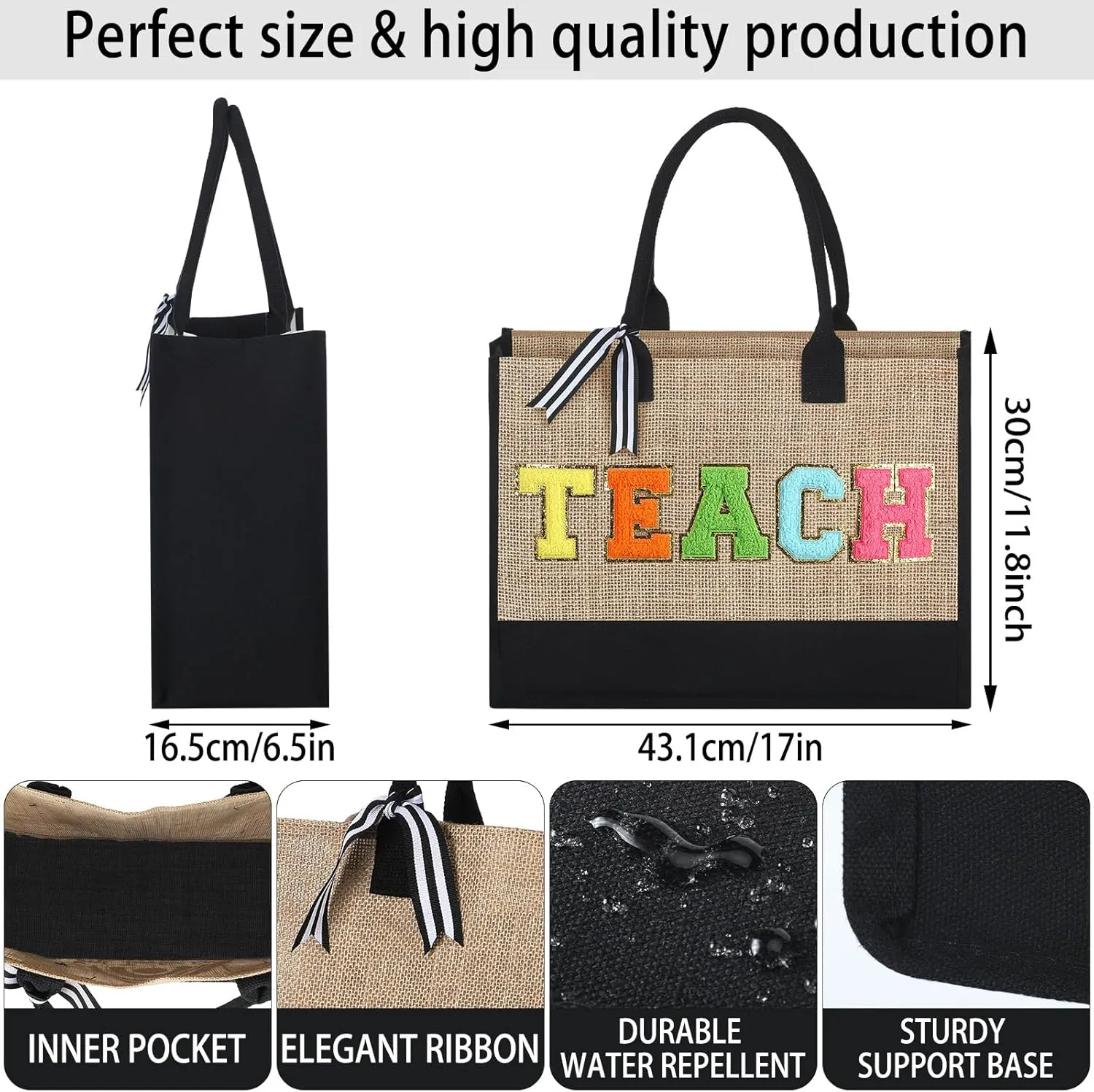 Silkfly Teacher Appreciation Gifts Canvas Bag Graduation Teacher Canvas Bag Letter Tote Patches Chenille(Classic,17 x 11.8 Inches)