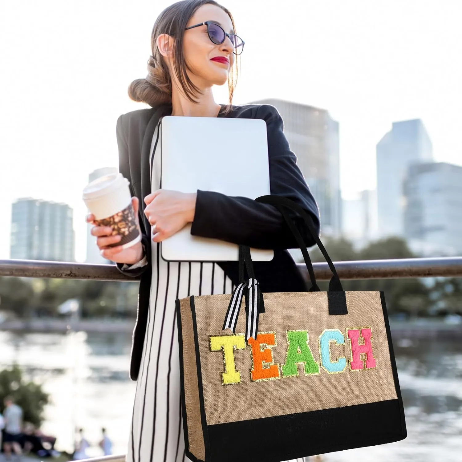 Silkfly Teacher Appreciation Gifts Canvas Bag Graduation Teacher Canvas Bag Letter Tote Patches Chenille(Classic,17 x 11.8 Inches)