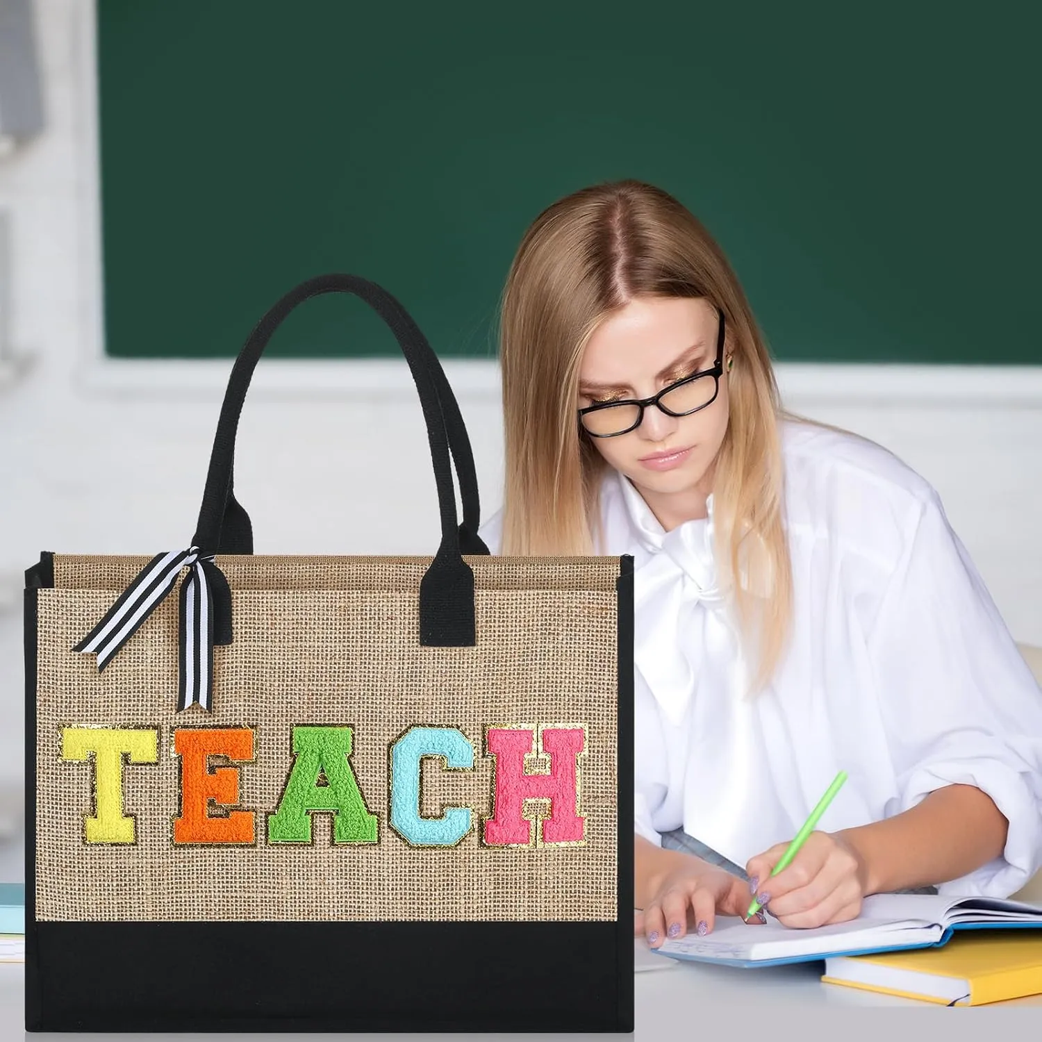 Silkfly Teacher Appreciation Gifts Canvas Bag Graduation Teacher Canvas Bag Letter Tote Patches Chenille(Classic,17 x 11.8 Inches)