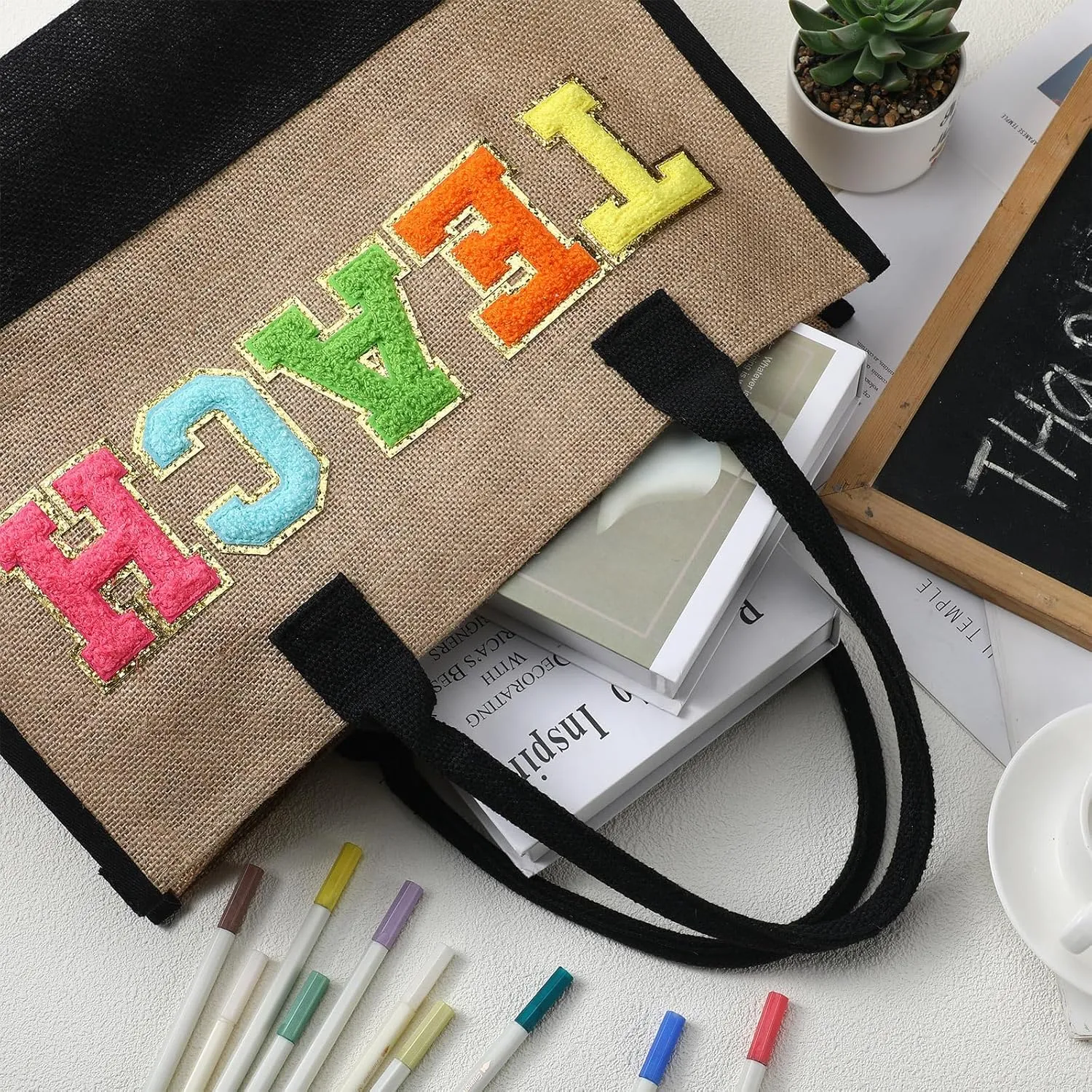 Silkfly Teacher Appreciation Gifts Canvas Bag Graduation Teacher Canvas Bag Letter Tote Patches Chenille(Classic,17 x 11.8 Inches)