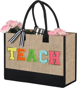 Silkfly Teacher Appreciation Gifts Canvas Bag Graduation Teacher Canvas Bag Letter Tote Patches Chenille(Classic,17 x 11.8 Inches)