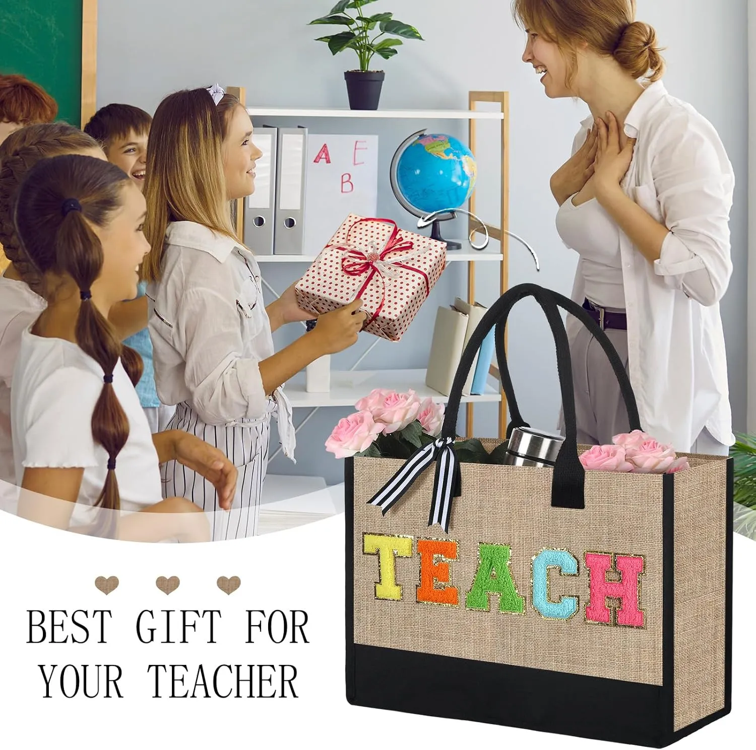 Silkfly Teacher Appreciation Gifts Canvas Bag Graduation Teacher Canvas Bag Letter Tote Patches Chenille(Classic,17 x 11.8 Inches)
