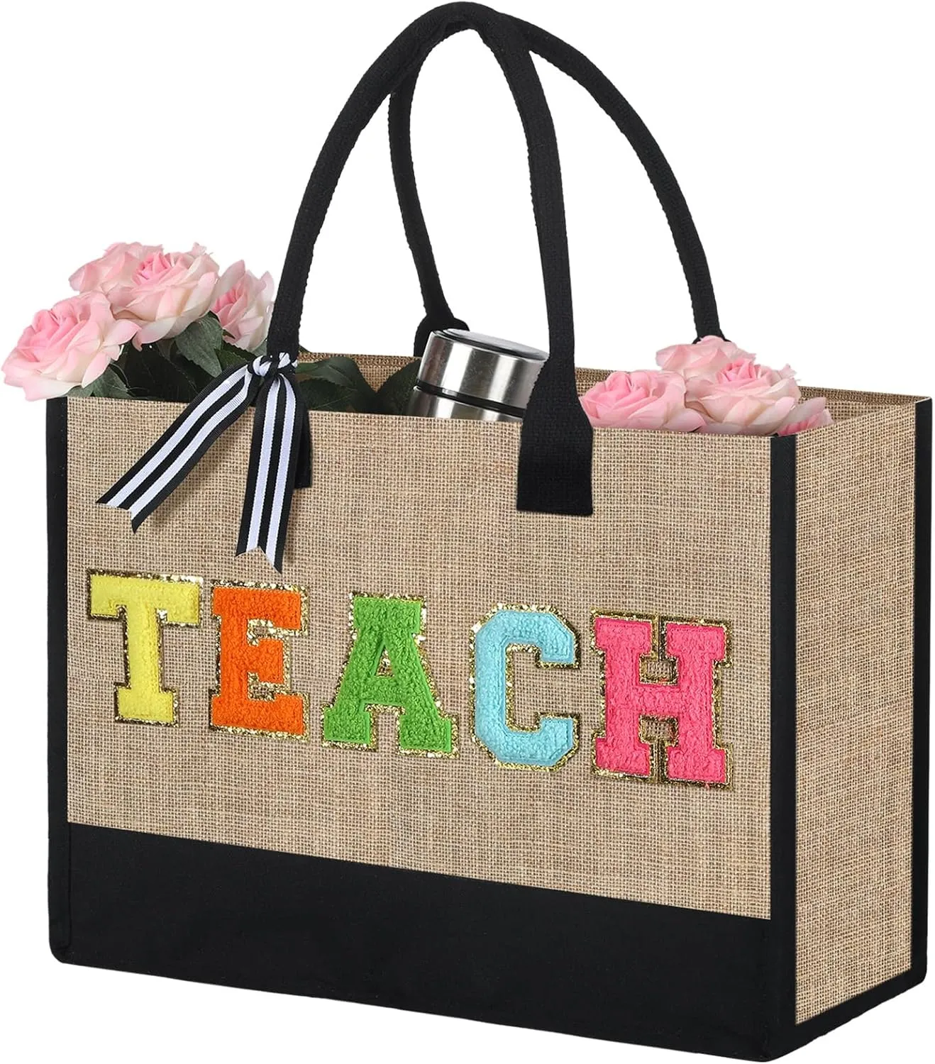 Silkfly Teacher Appreciation Gifts Canvas Bag Graduation Teacher Canvas Bag Letter Tote Patches Chenille(Classic,17 x 11.8 Inches)