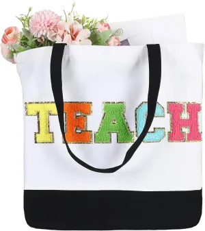 Silkfly Teacher Appreciation Gifts Canvas Bag Graduation Teacher Canvas Bag Letter Tote Patches Chenille(Fresh,18.5 x 15 Inches)