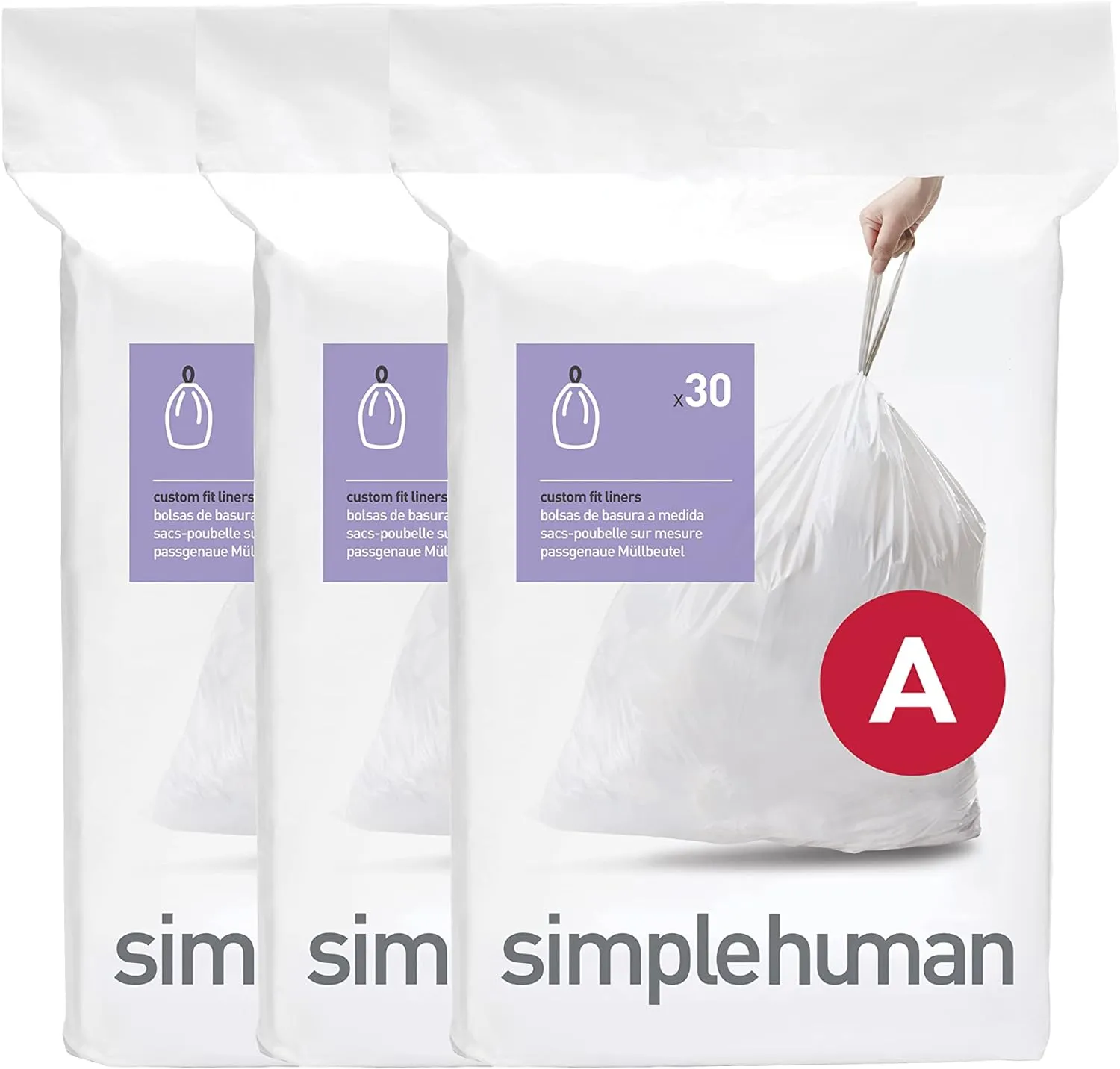 simplehuman Code A 90 Count, Genuine Custom Fit Liners, Drawstring Trash Bags in Dispenser Packs, 4.5 Liter / 1.2 Gallon, White