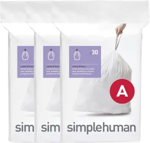 simplehuman Code A 90 Count, Genuine Custom Fit Liners, Drawstring Trash Bags in Dispenser Packs, 4.5 Liter / 1.2 Gallon, White