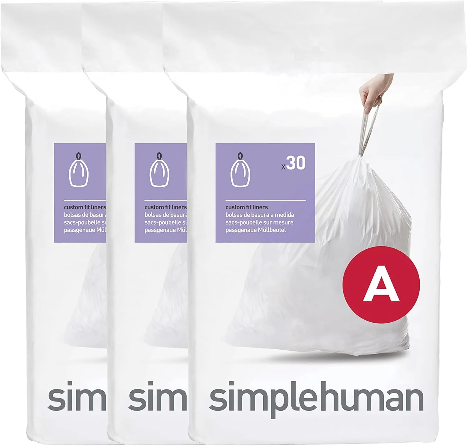 simplehuman Code A 90 Count, Genuine Custom Fit Liners, Drawstring Trash Bags in Dispenser Packs, 4.5 Liter / 1.2 Gallon, White