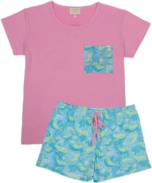 Simply Southern Women's Printed Pocket T-Shirt and Shorts Pajama Set, 5 Patterns - Ribbon, Reef, Watercolor, Oyster, Whale