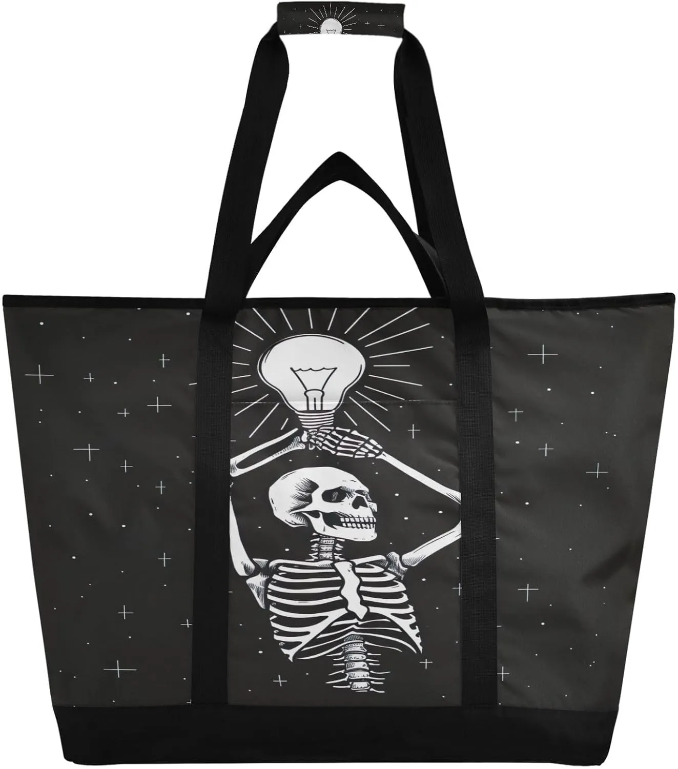 Skeleton Insulated Cooler Bag with Zipper & Pocket, Foldable Grocery Bags Leak Proof Reusable Lunch Bags Portable Travel Tote Bag for Food Delivery, Shopping, Beach or Picnic