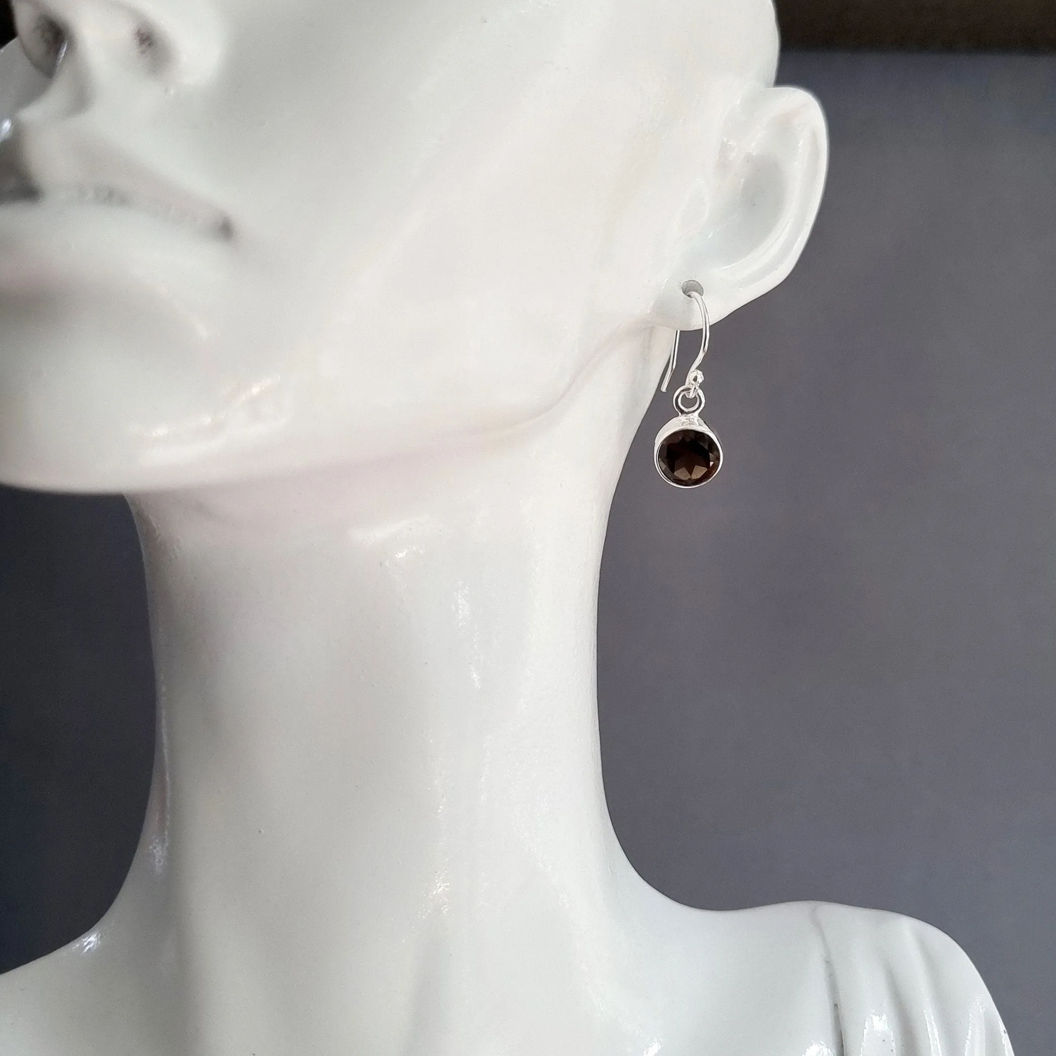 Small 8mm Round Smoky Quartz 925 Silver Earrings, E13SQ