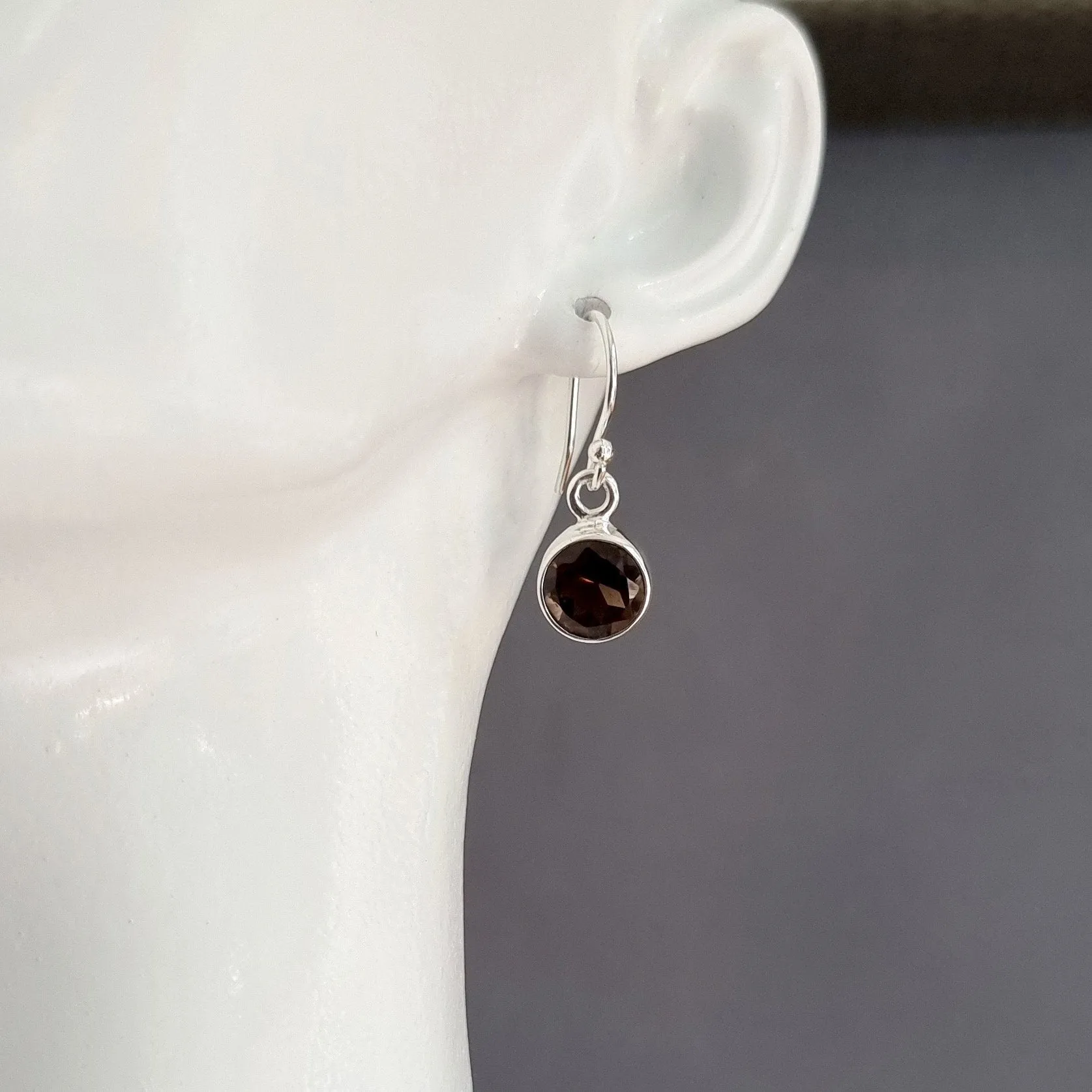 Small 8mm Round Smoky Quartz 925 Silver Earrings, E13SQ