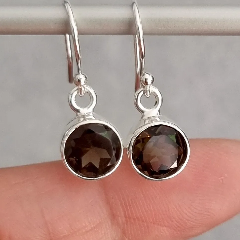 Small 8mm Round Smoky Quartz 925 Silver Earrings, E13SQ