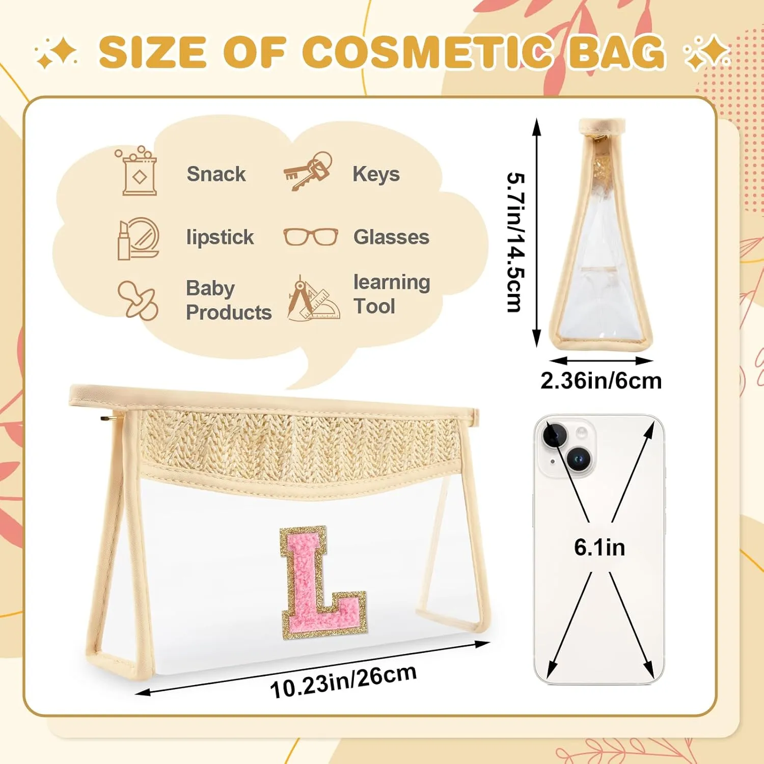 Small Boho Straw Initial Letter Makeup Bag Personalized Gift ,Cute Clear Chenille Patch Makeup Bag With Zipper,Trendy TSA Approved Travel Toiletry Bag,Gift for Women Girls Birthday Friend, Letter L