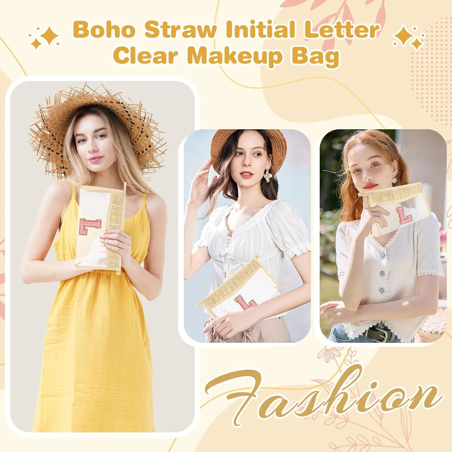 Small Boho Straw Initial Letter Makeup Bag Personalized Gift ,Cute Clear Chenille Patch Makeup Bag With Zipper,Trendy TSA Approved Travel Toiletry Bag,Gift for Women Girls Birthday Friend, Letter L