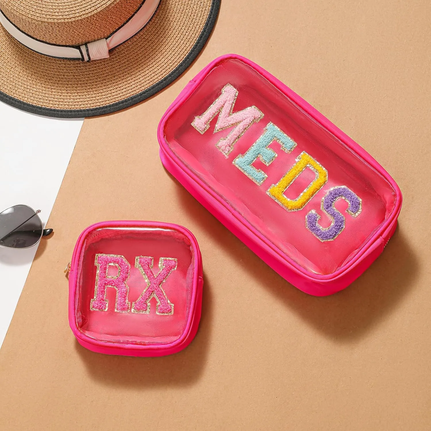 Small Chenille Letter Clear Medicine Makeup Bags,Nylon PVC Waterproof Rx Pouch with Metal Zipper, Cute Drug First Aid Travel Organizer for Women Girls(02Hot Pink)