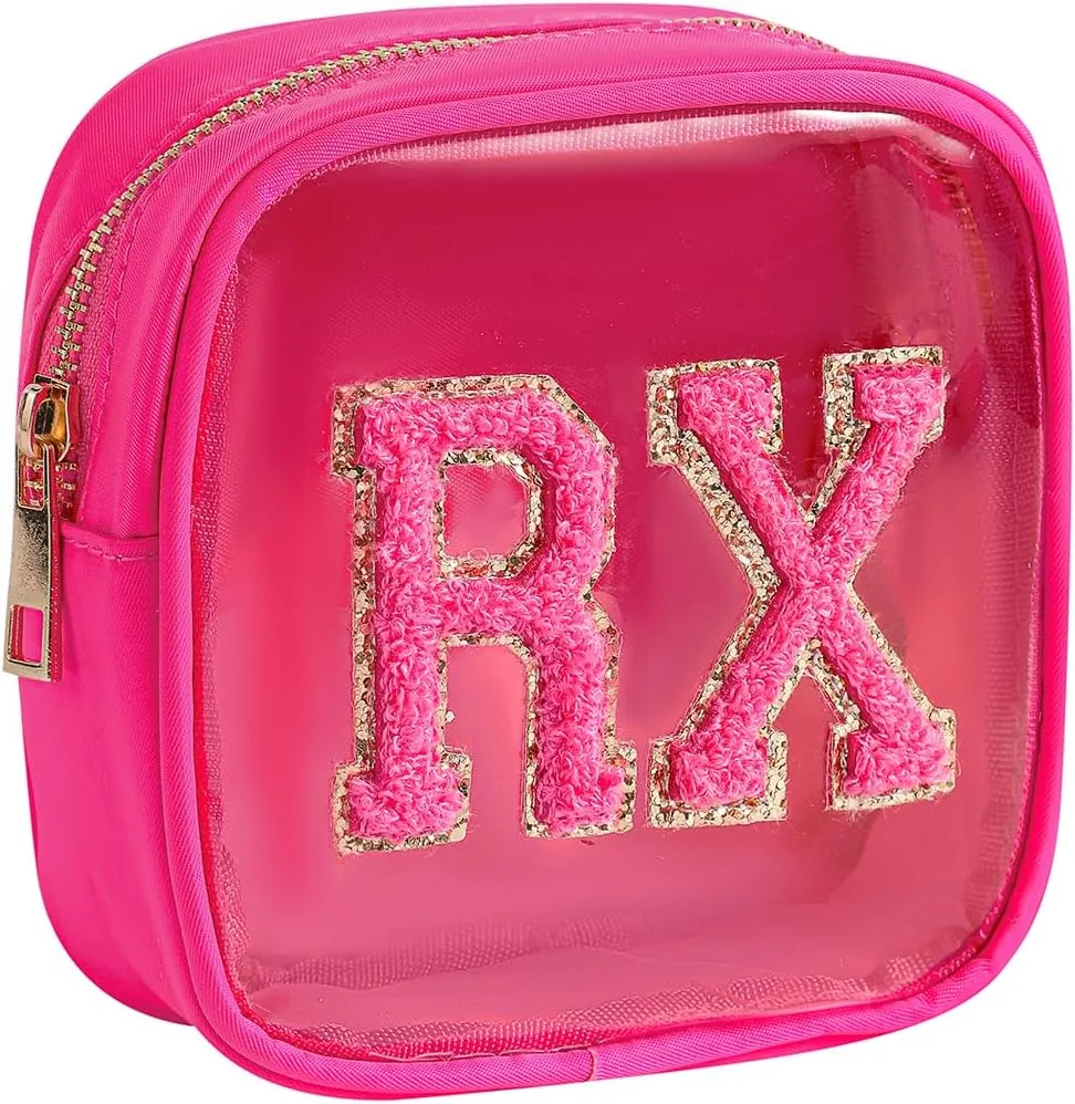 Small Chenille Letter Clear Medicine Makeup Bags,Nylon PVC Waterproof Rx Pouch with Metal Zipper, Cute Drug First Aid Travel Organizer for Women Girls(02Hot Pink)