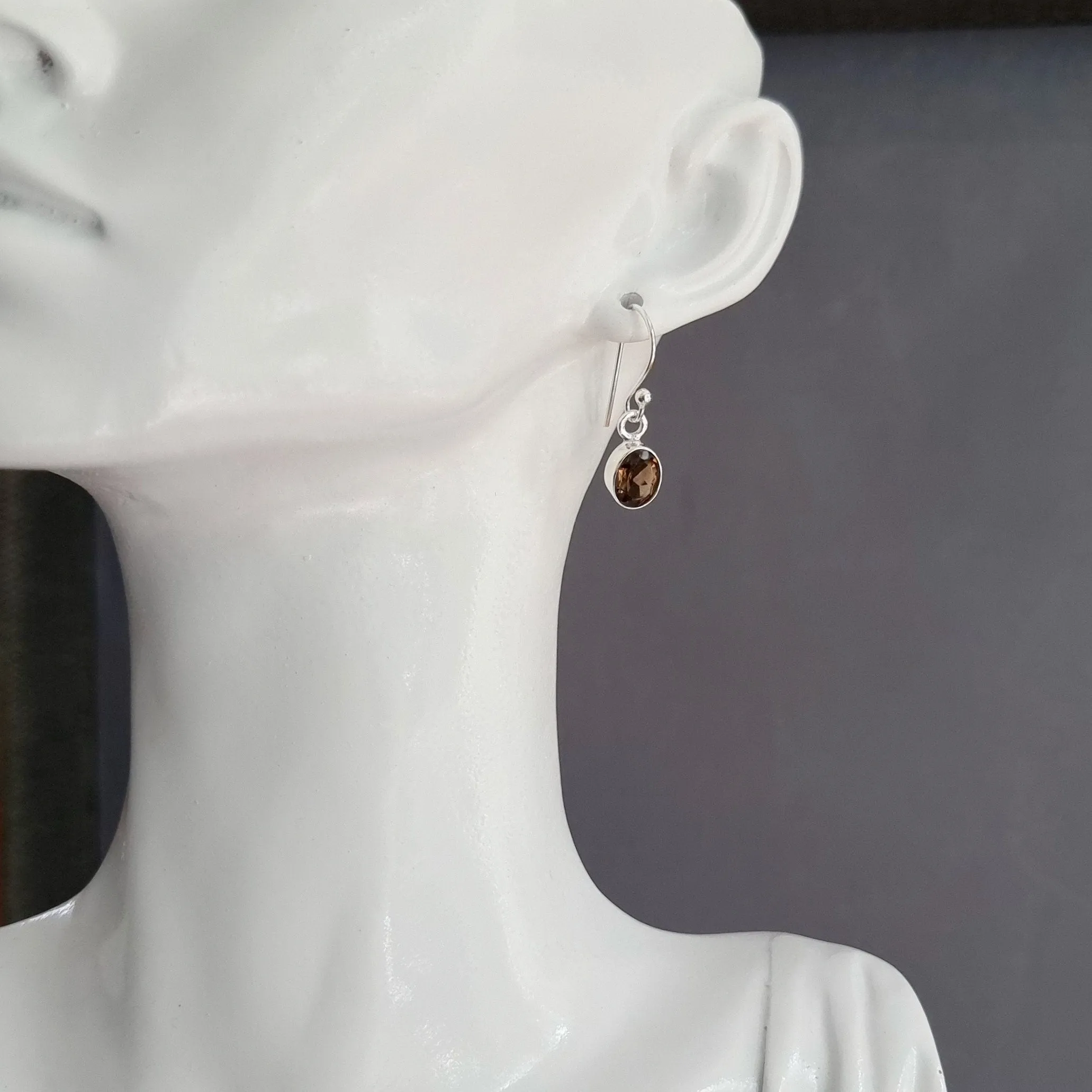Small Oval Smoky Quartz 925 Silver Dangle Earrings, E7SQ