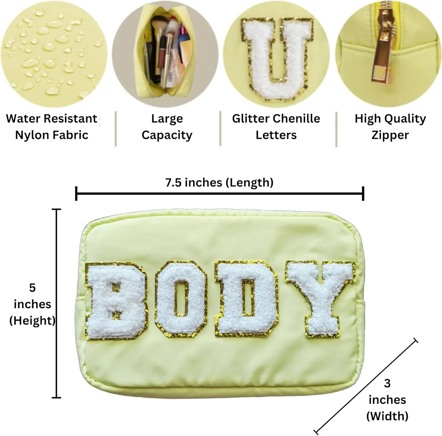 Small Preppy Makeup Bag - 4 Pieces - Chenille Letter Zipper Nylon Bags for Women and Girls - Stuff, Skin, Hair, Face - Pastel Colors (Pink, Purple, Teal & Yellow)