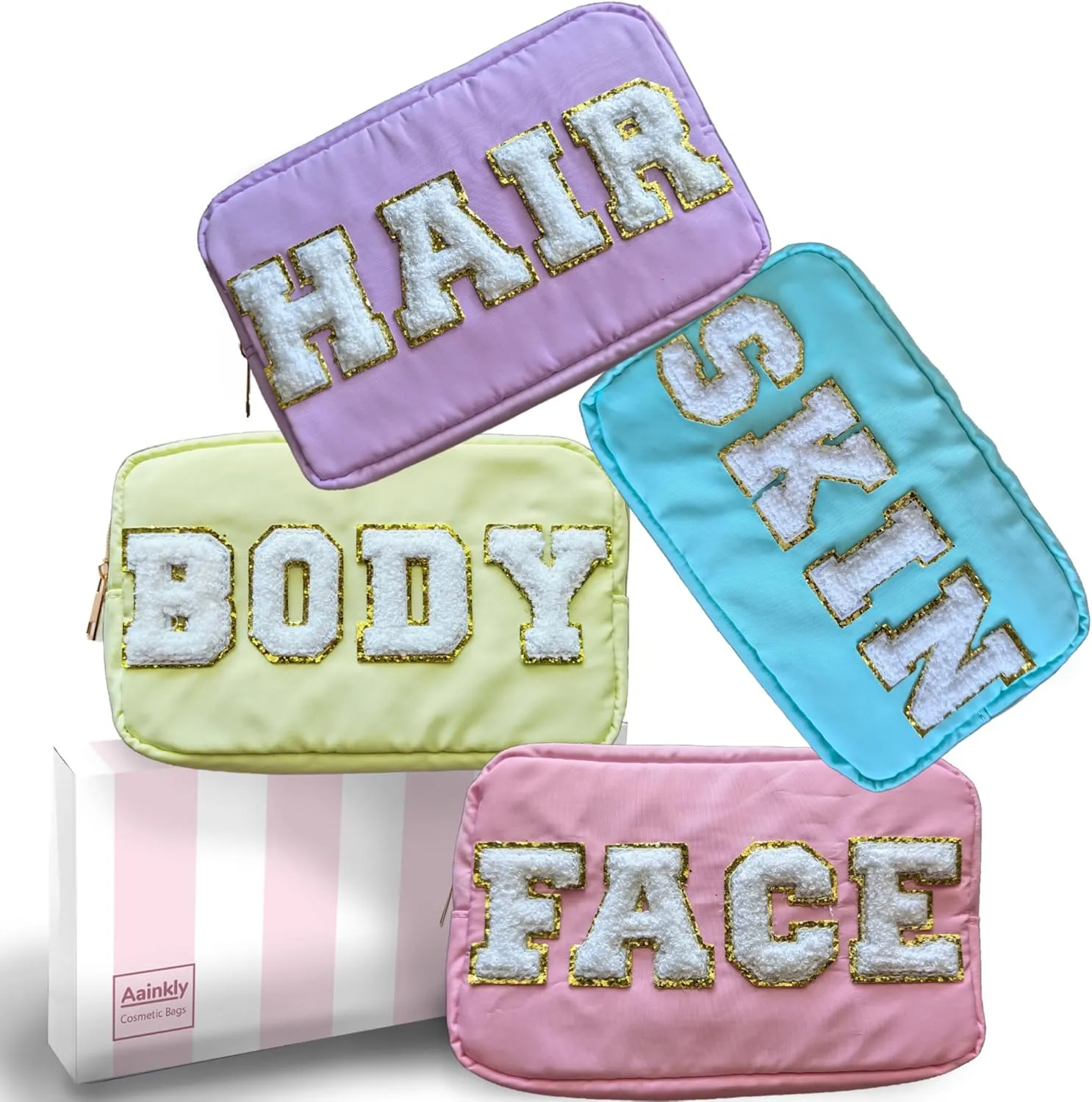 Small Preppy Makeup Bag - 4 Pieces - Chenille Letter Zipper Nylon Bags for Women and Girls - Stuff, Skin, Hair, Face - Pastel Colors (Pink, Purple, Teal & Yellow)