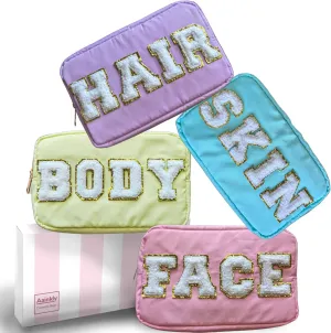 Small Preppy Makeup Bag - 4 Pieces - Chenille Letter Zipper Nylon Bags for Women and Girls - Stuff, Skin, Hair, Face - Pastel Colors (Pink, Purple, Teal & Yellow)