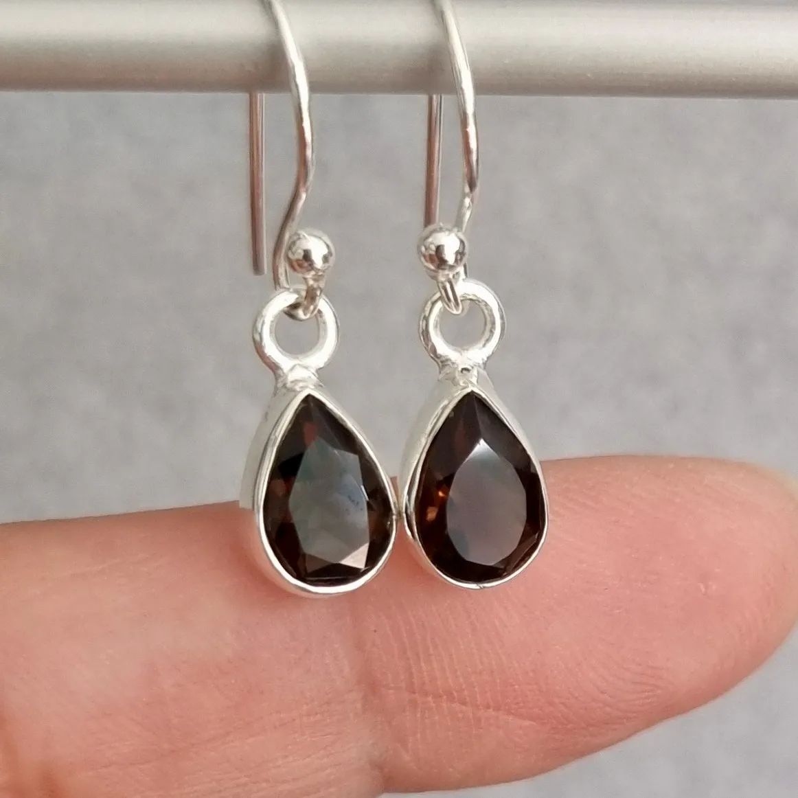 Small Teardrop Smoky Quartz Sterling Silver Earrings, 9mm x 6mm, E5SQ