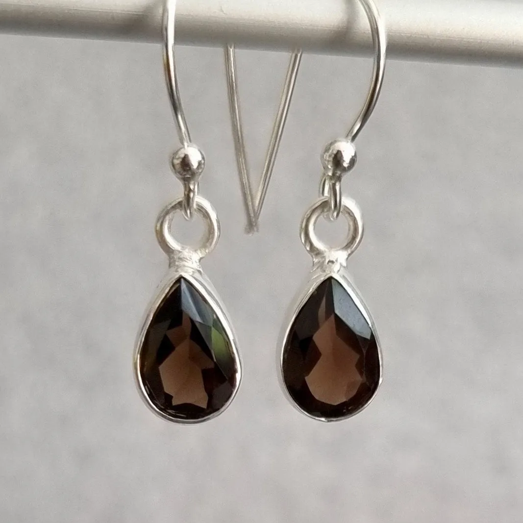 Small Teardrop Smoky Quartz Sterling Silver Earrings, 9mm x 6mm, E5SQ