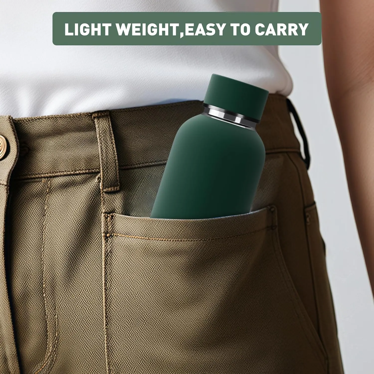 Small Water Bottle 12oz with Clip, Double Wall Stainless Steel Vacuum Small Insulated Water Bottle Keeps Drinks Cold 24 Hrs/Hot 12 Hrs for Kids Handbag School BPA Free (Emerald Green)