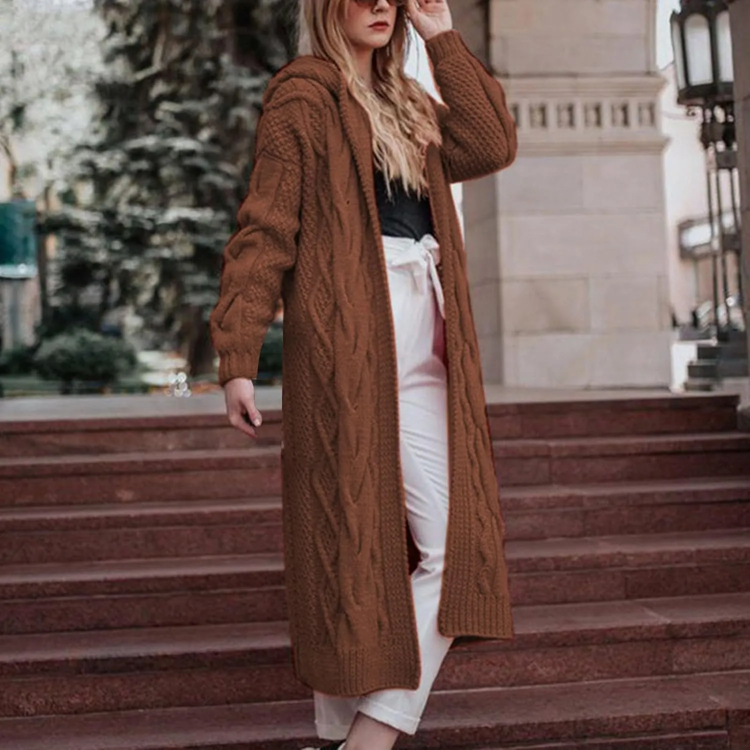 SMIDOW Womens Solid Hooded Long Cardigan Sweater Dough Twists Sweater Loose Chunky Knit Open Front Sweater Outerwear
