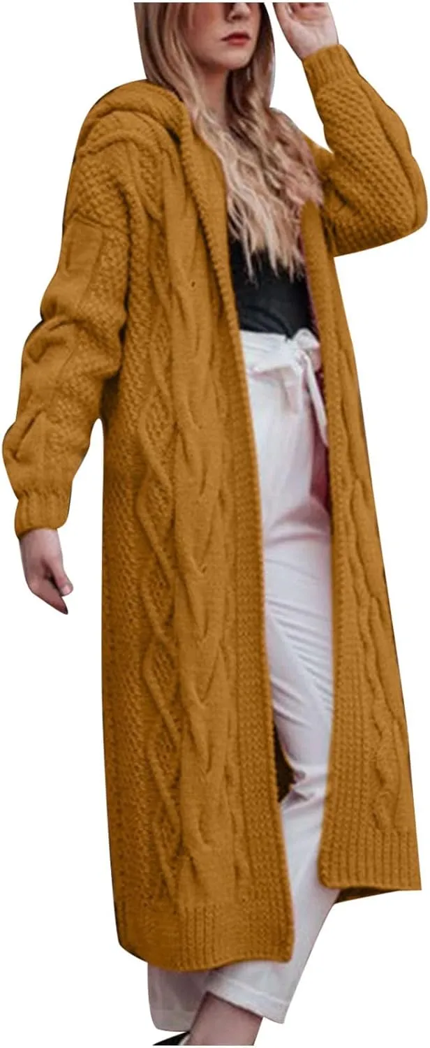 SMIDOW Womens Solid Hooded Long Cardigan Sweater Dough Twists Sweater Loose Chunky Knit Open Front Sweater Outerwear