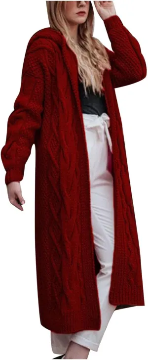 SMIDOW Womens Solid Hooded Long Cardigan Sweater Dough Twists Sweater Loose Chunky Knit Open Front Sweater Outerwear