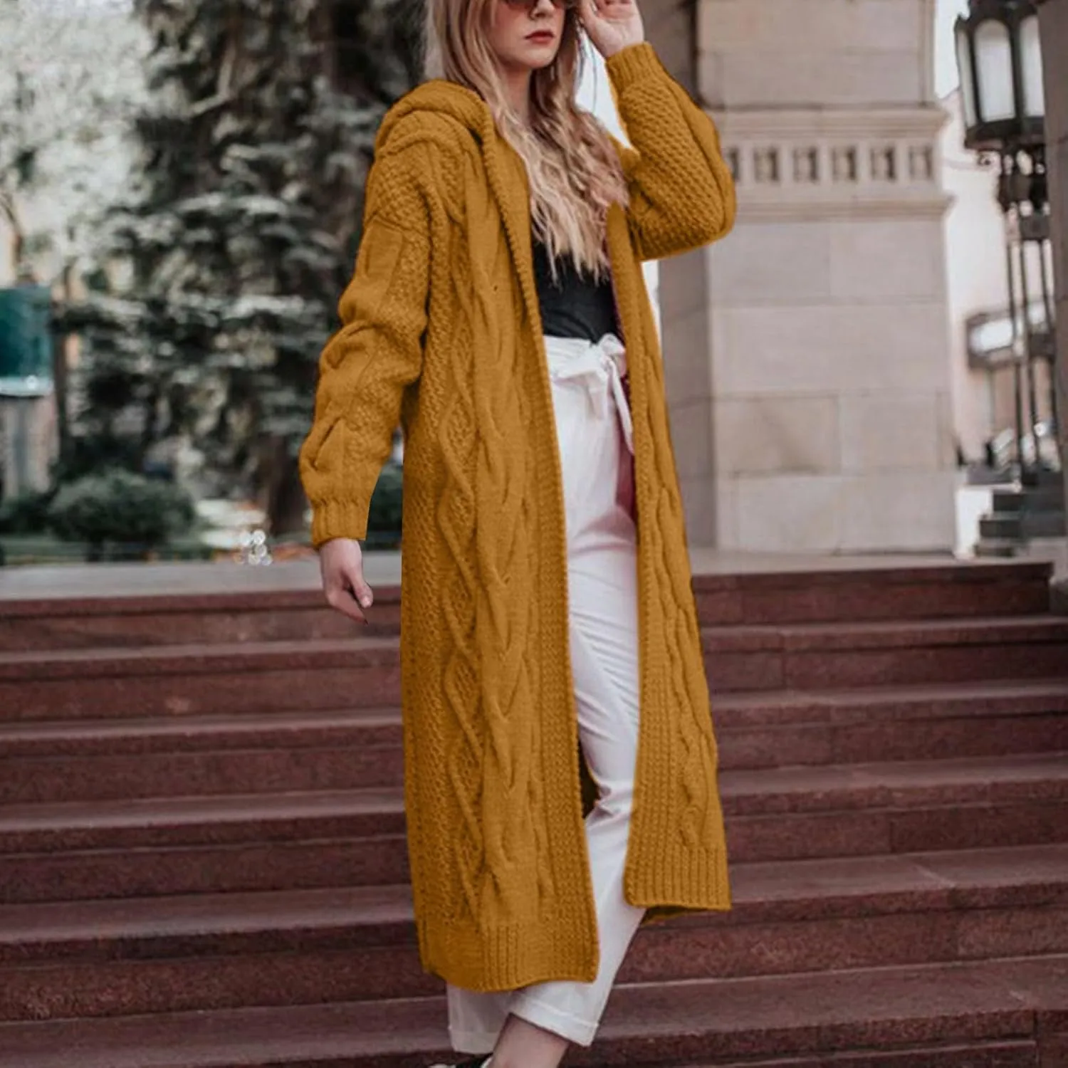SMIDOW Womens Solid Hooded Long Cardigan Sweater Dough Twists Sweater Loose Chunky Knit Open Front Sweater Outerwear