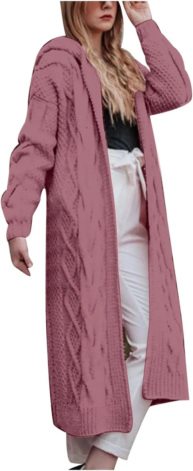 SMIDOW Womens Solid Hooded Long Cardigan Sweater Dough Twists Sweater Loose Chunky Knit Open Front Sweater Outerwear