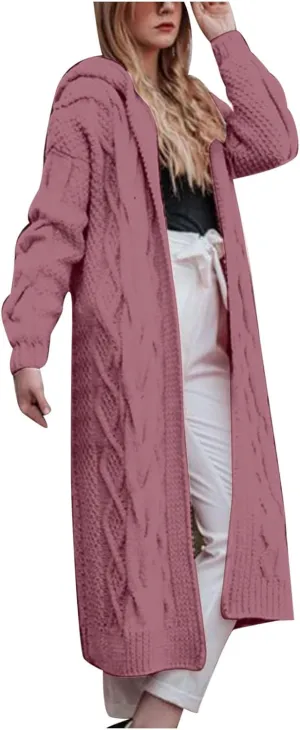 SMIDOW Womens Solid Hooded Long Cardigan Sweater Dough Twists Sweater Loose Chunky Knit Open Front Sweater Outerwear