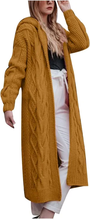 SMIDOW Womens Solid Hooded Long Cardigan Sweater Dough Twists Sweater Loose Chunky Knit Open Front Sweater Outerwear