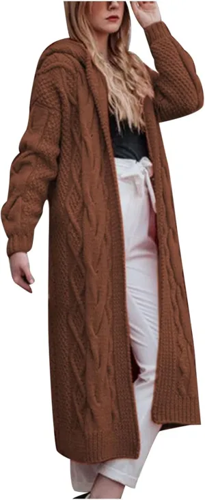 SMIDOW Womens Solid Hooded Long Cardigan Sweater Dough Twists Sweater Loose Chunky Knit Open Front Sweater Outerwear