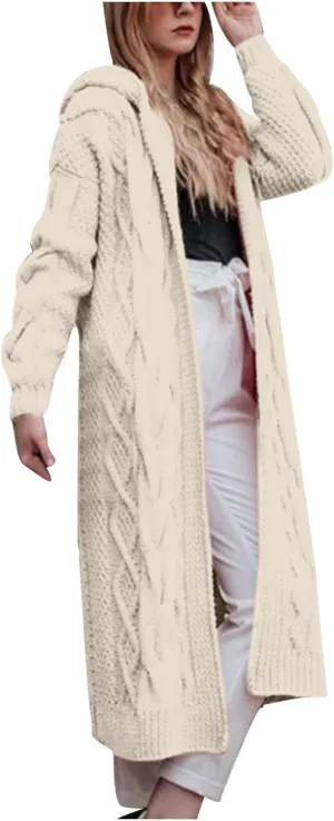 SMIDOW Womens Solid Hooded Long Cardigan Sweater Dough Twists Sweater Loose Chunky Knit Open Front Sweater Outerwear