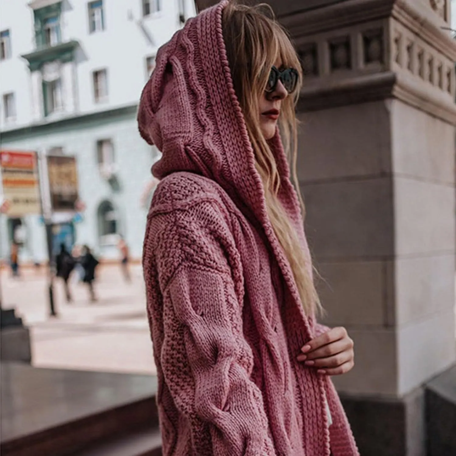 SMIDOW Womens Solid Hooded Long Cardigan Sweater Dough Twists Sweater Loose Chunky Knit Open Front Sweater Outerwear