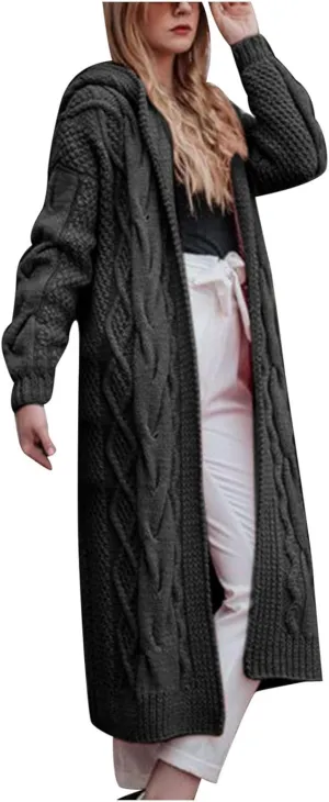 SMIDOW Womens Solid Hooded Long Cardigan Sweater Dough Twists Sweater Loose Chunky Knit Open Front Sweater Outerwear