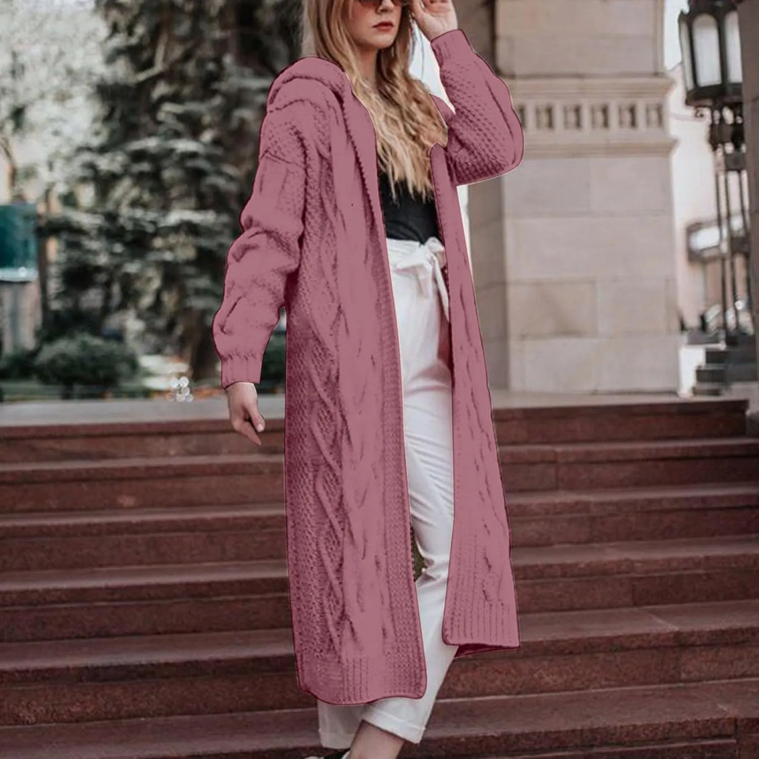 SMIDOW Womens Solid Hooded Long Cardigan Sweater Dough Twists Sweater Loose Chunky Knit Open Front Sweater Outerwear