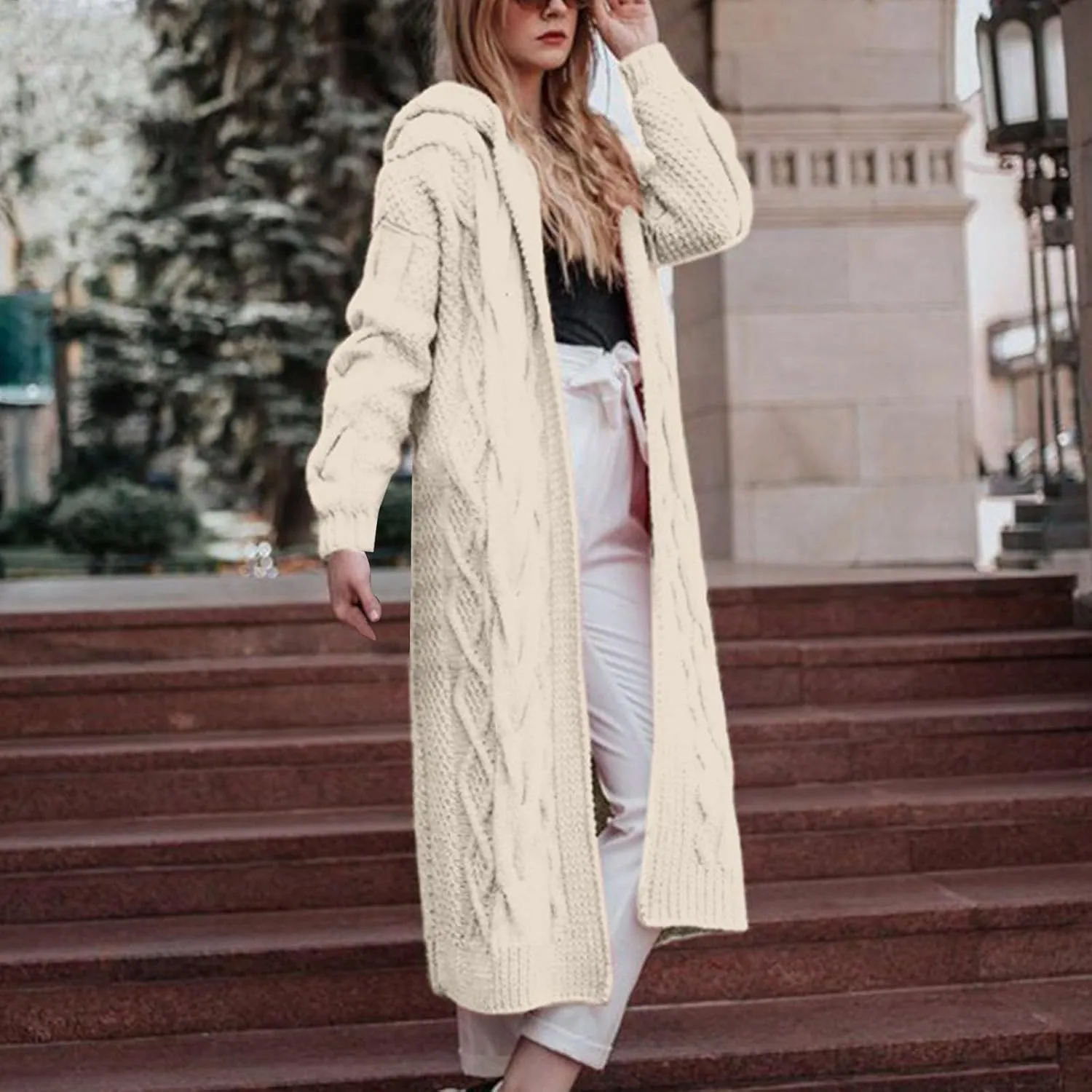SMIDOW Womens Solid Hooded Long Cardigan Sweater Dough Twists Sweater Loose Chunky Knit Open Front Sweater Outerwear