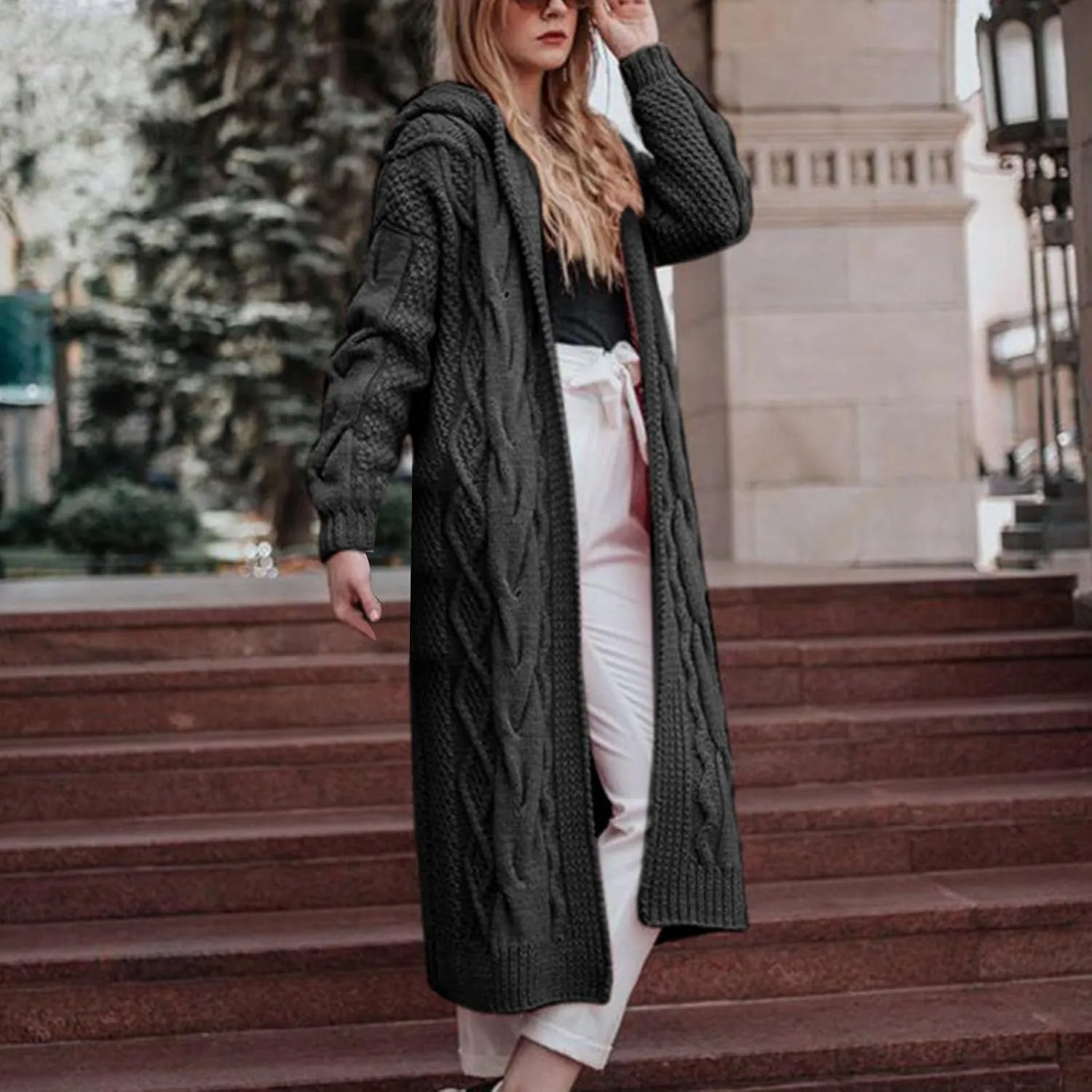 SMIDOW Womens Solid Hooded Long Cardigan Sweater Dough Twists Sweater Loose Chunky Knit Open Front Sweater Outerwear