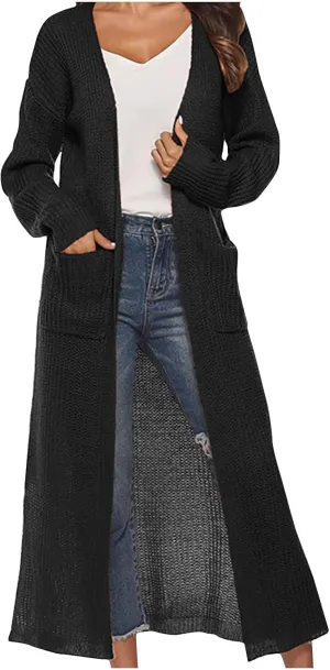 SMIDOW Womens Solid Open Front Long Cardigan Sweater with Slit Large Pockets Long Thin Coat Fall Casual Duster Outerwear