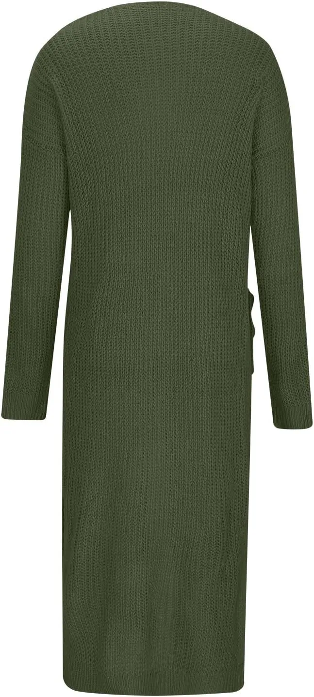 SMIDOW Womens Solid Open Front Long Cardigan Sweater with Slit Large Pockets Long Thin Coat Fall Casual Duster Outerwear