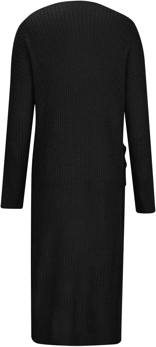 SMIDOW Womens Solid Open Front Long Cardigan Sweater with Slit Large Pockets Long Thin Coat Fall Casual Duster Outerwear