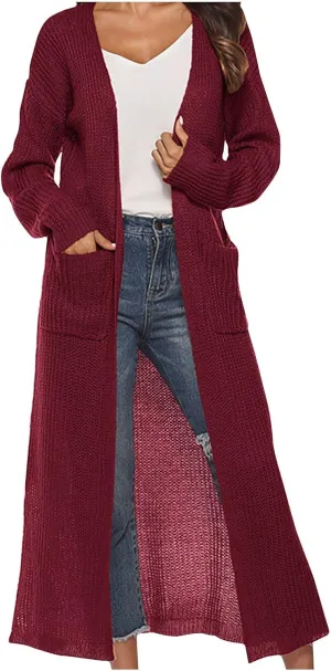 SMIDOW Womens Solid Open Front Long Cardigan Sweater with Slit Large Pockets Long Thin Coat Fall Casual Duster Outerwear