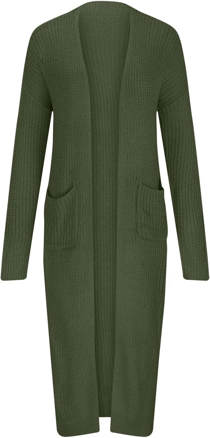 SMIDOW Womens Solid Open Front Long Cardigan Sweater with Slit Large Pockets Long Thin Coat Fall Casual Duster Outerwear