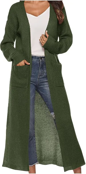 SMIDOW Womens Solid Open Front Long Cardigan Sweater with Slit Large Pockets Long Thin Coat Fall Casual Duster Outerwear
