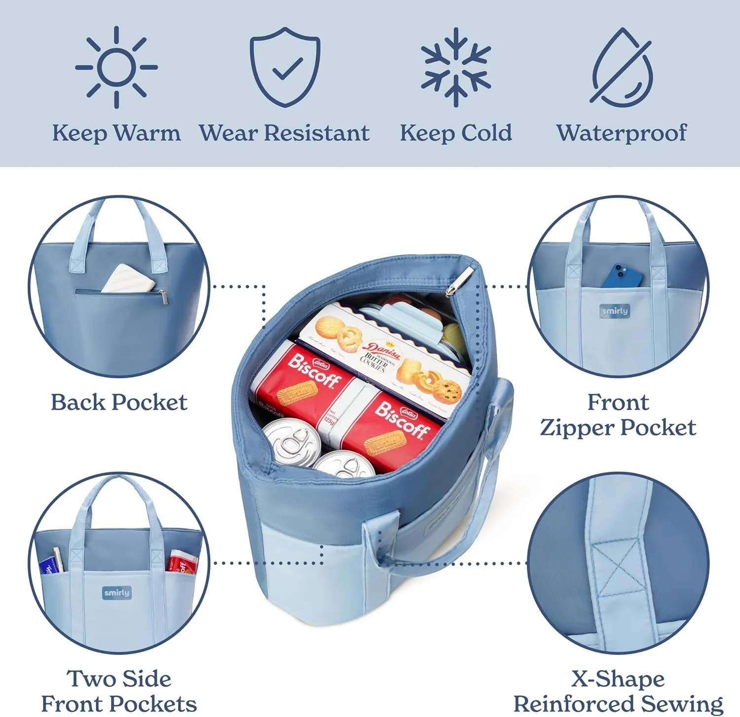 SMIRLY Cooler Bag Insulated Grocery Bag with Zipper - Collapsible Insulated Reusable Grocery Bag for Cold and Hot Food, Heavy Duty Large Tote bag